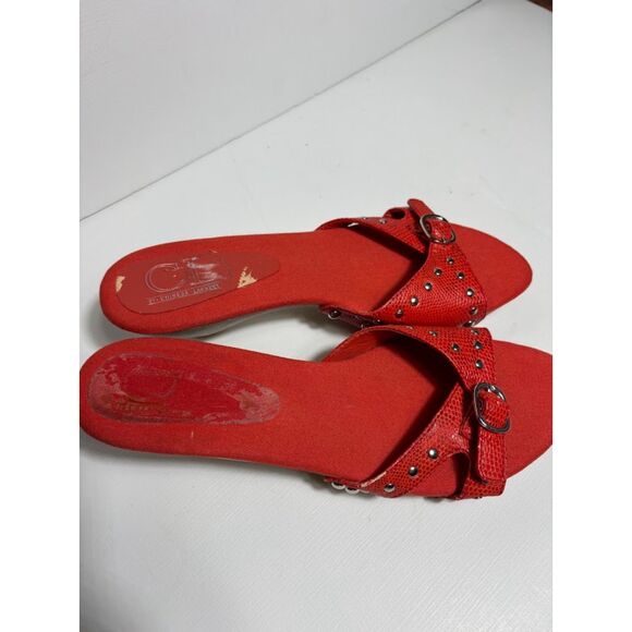 Chinese Laundry VTG Y2K Kitten Heel Peep Toe Orange Studs Structural Buckle sz 7 - Picture 3 of 5